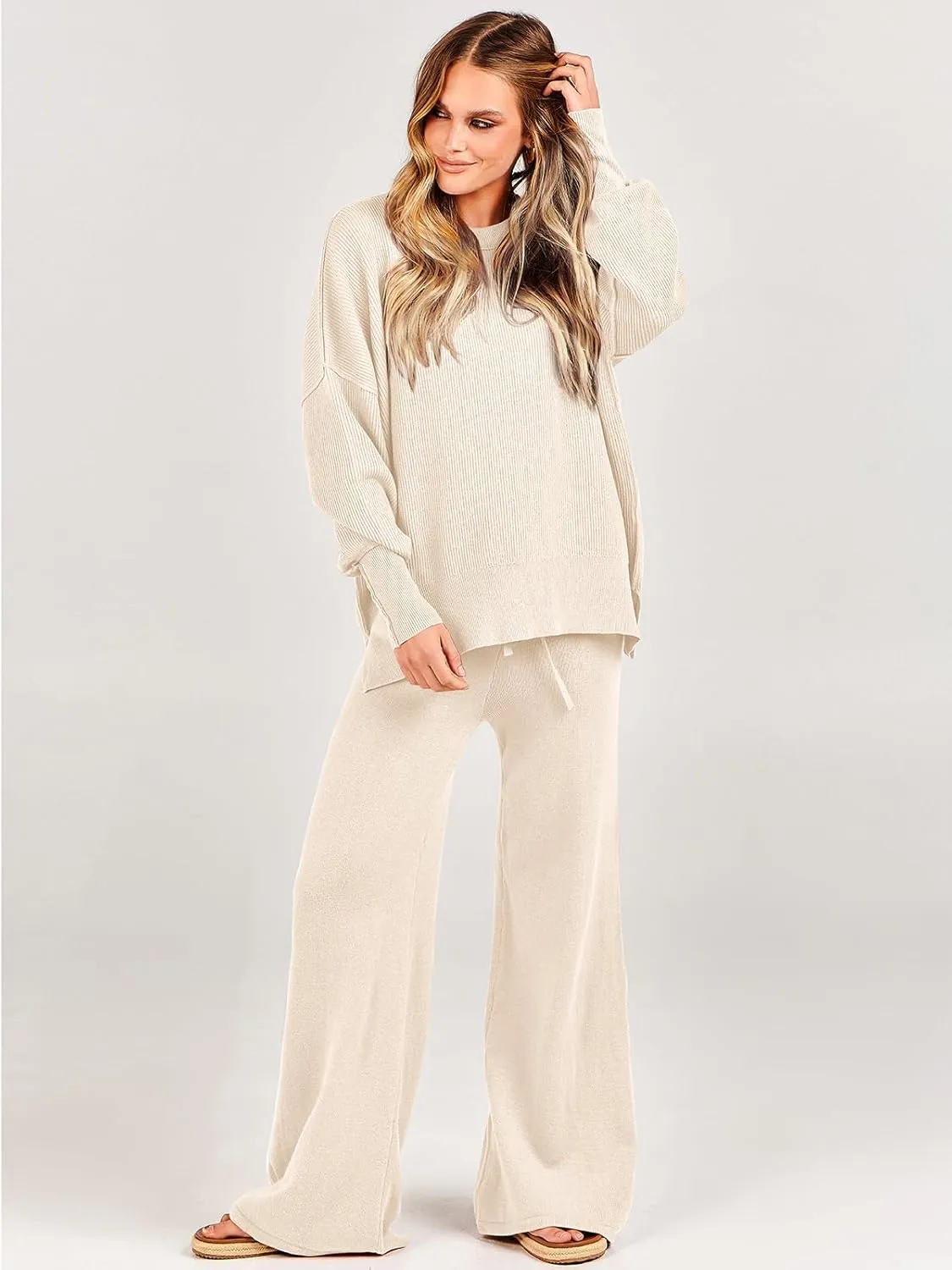 ANRABESS Women 2 Piece Outfits Oversized Chunky Knit Sweater Top Wide Leg Pants 2024 Fall Lounge Set Trendy Cozy Clothes