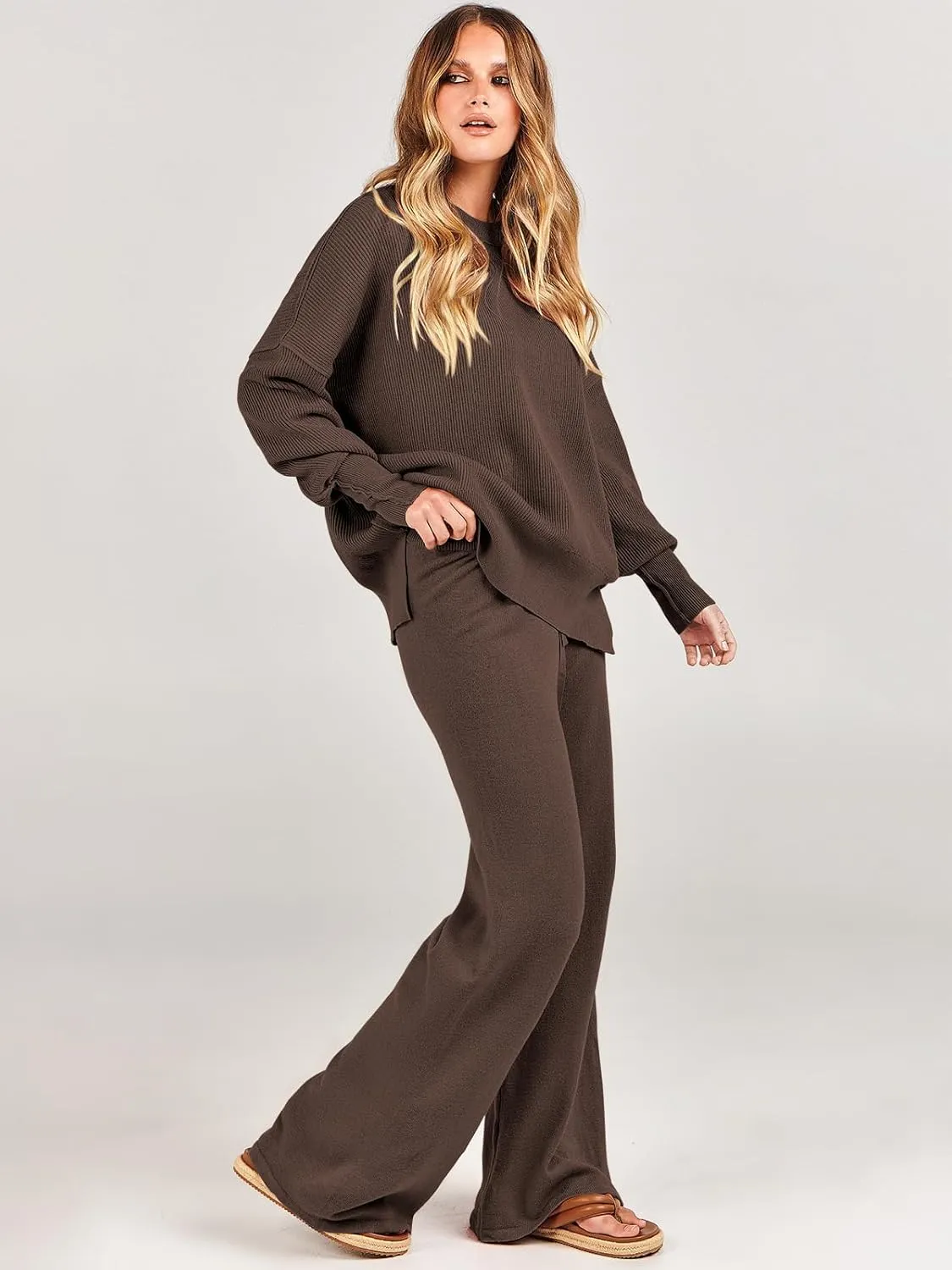 ANRABESS Women 2 Piece Outfits Oversized Chunky Knit Sweater Top Wide Leg Pants 2024 Fall Lounge Set Trendy Cozy Clothes