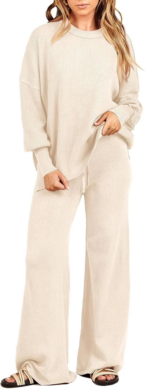 ANRABESS Women 2 Piece Outfits Oversized Chunky Knit Sweater Top Wide Leg Pants 2024 Fall Lounge Set Trendy Cozy Clothes