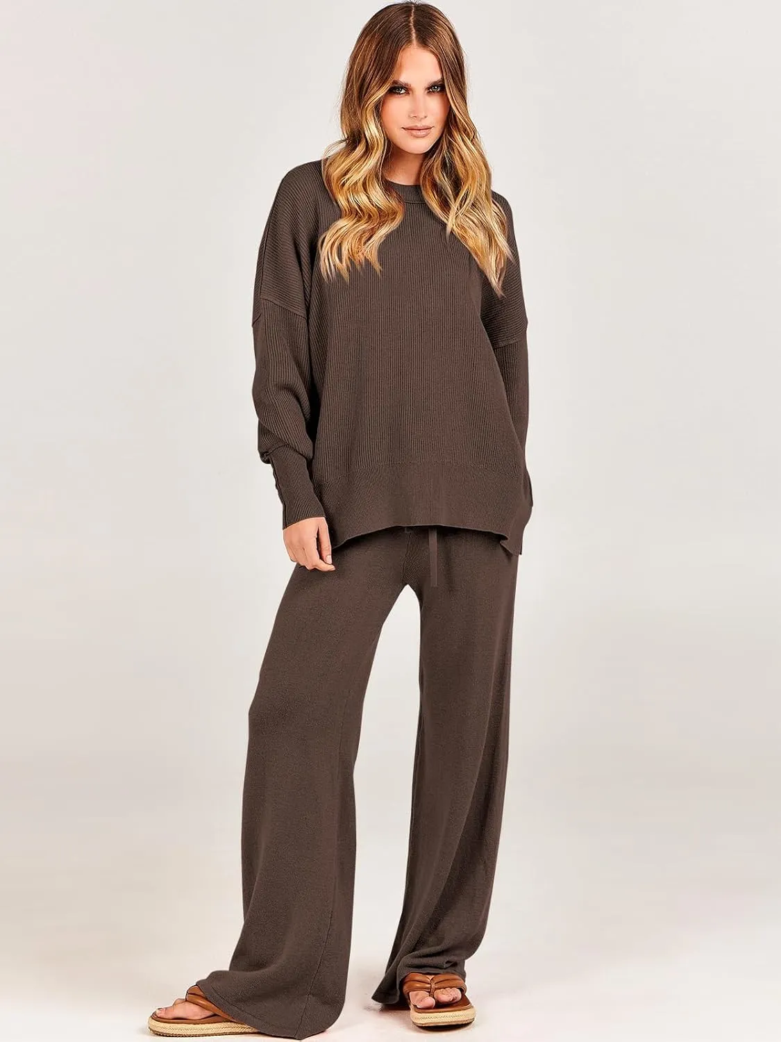 ANRABESS Women 2 Piece Outfits Oversized Chunky Knit Sweater Top Wide Leg Pants 2024 Fall Lounge Set Trendy Cozy Clothes