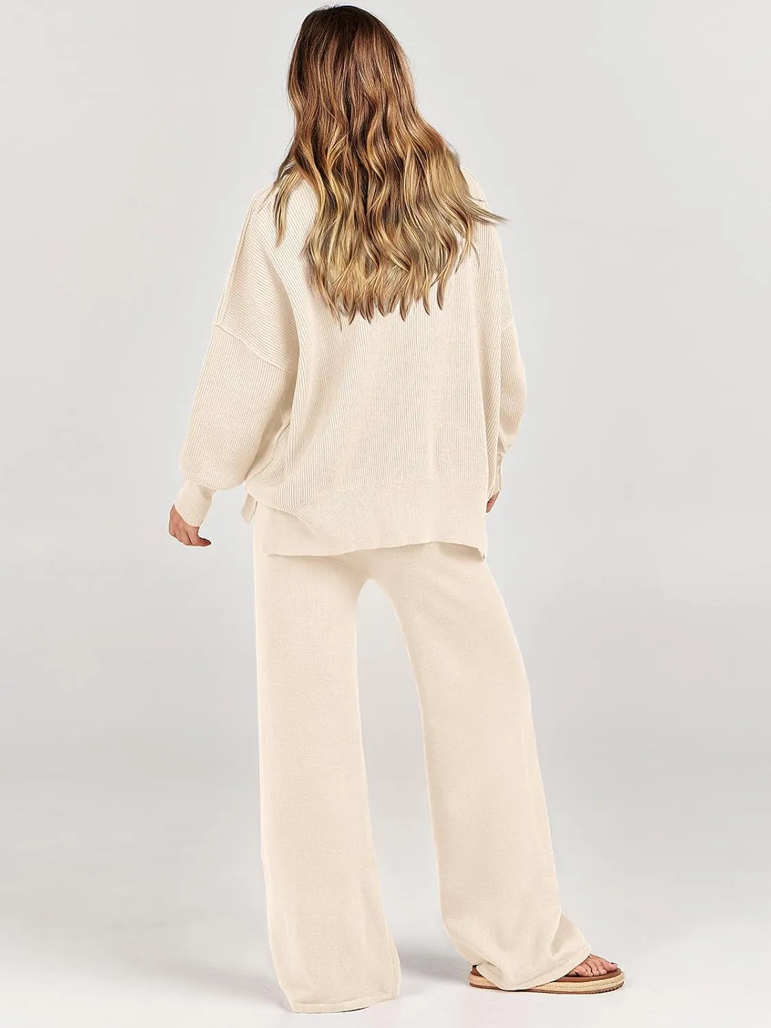 ANRABESS Women 2 Piece Outfits Oversized Chunky Knit Sweater Top Wide Leg Pants 2024 Fall Lounge Set Trendy Cozy Clothes