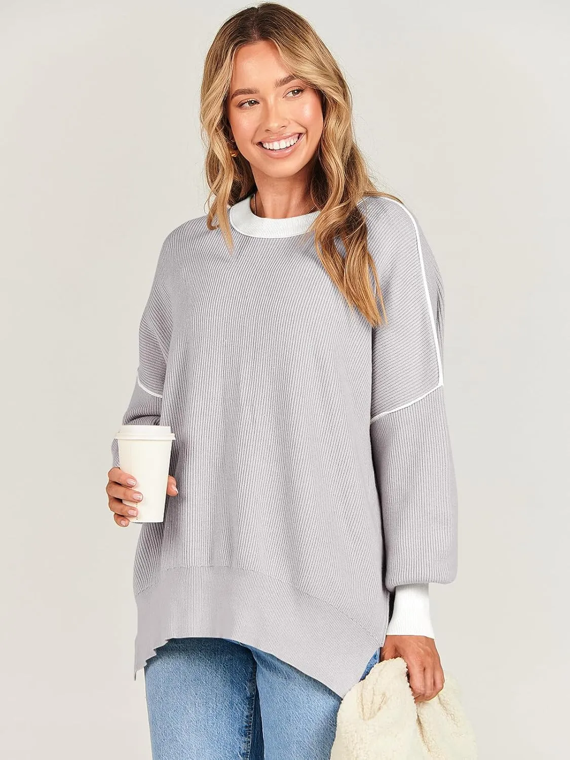 ANRABESS Womens Oversized Sweaters Fall 2024 Fashion Crewneck Batwing Long Sleeve Side Slit Knit Pullover Sweater Tops