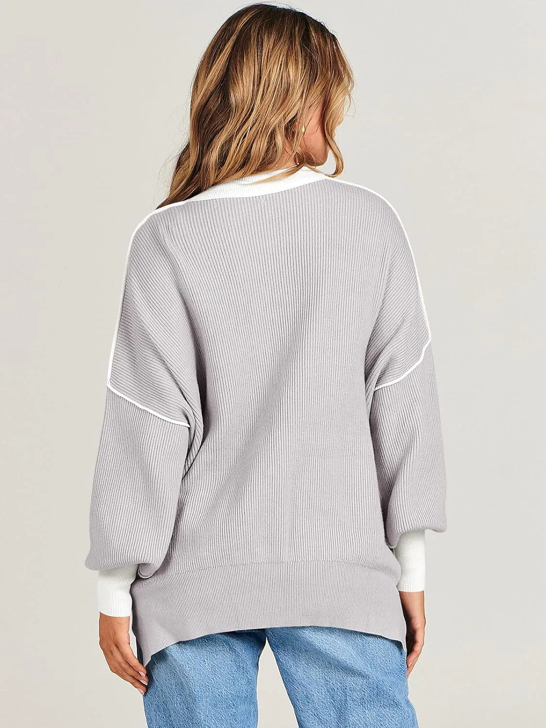 ANRABESS Womens Oversized Sweaters Fall 2024 Fashion Crewneck Batwing Long Sleeve Side Slit Knit Pullover Sweater Tops