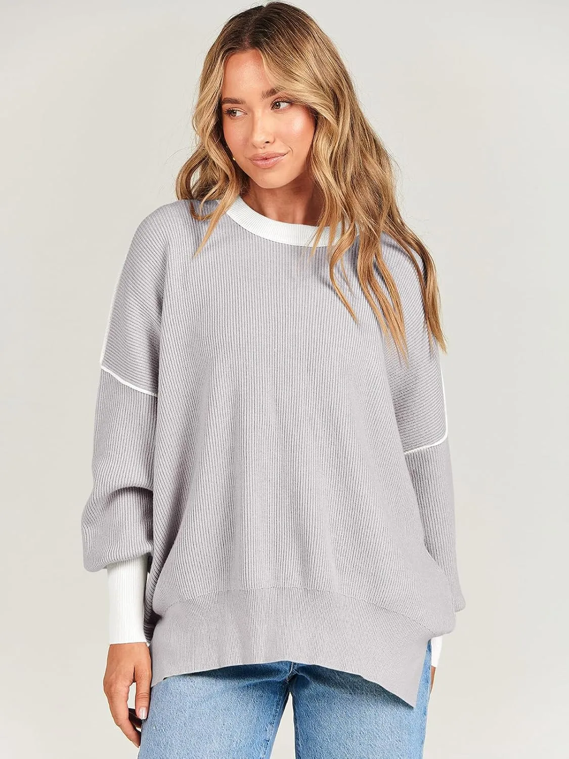 ANRABESS Womens Oversized Sweaters Fall 2024 Fashion Crewneck Batwing Long Sleeve Side Slit Knit Pullover Sweater Tops
