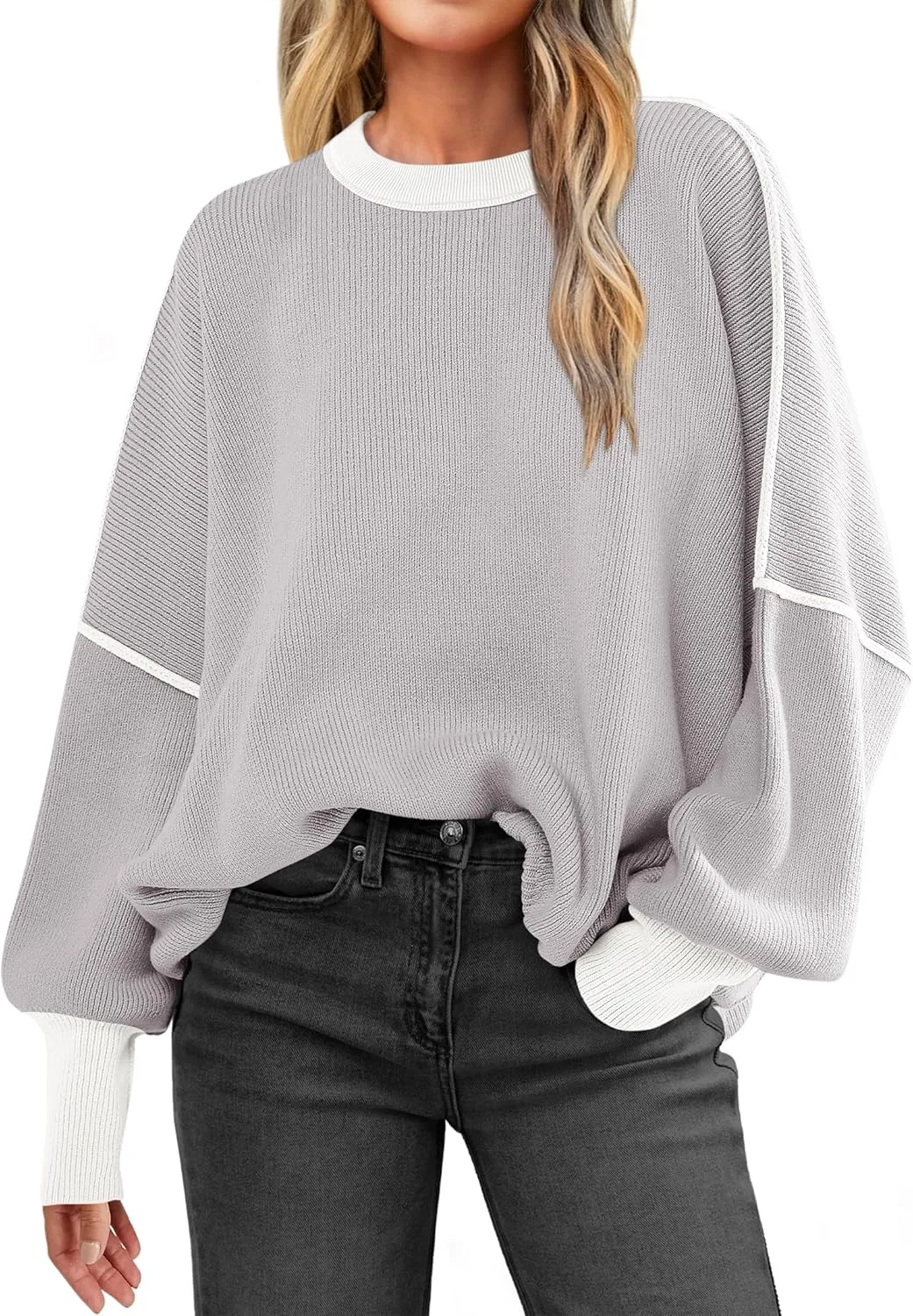 ANRABESS Womens Oversized Sweaters Fall 2024 Fashion Crewneck Batwing Long Sleeve Side Slit Knit Pullover Sweater Tops