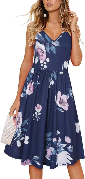 Arach&Cloz Women's V-Neck Spaghetti Strap Sundress Floral Casual Summer Swing Beach Dress with Pockets