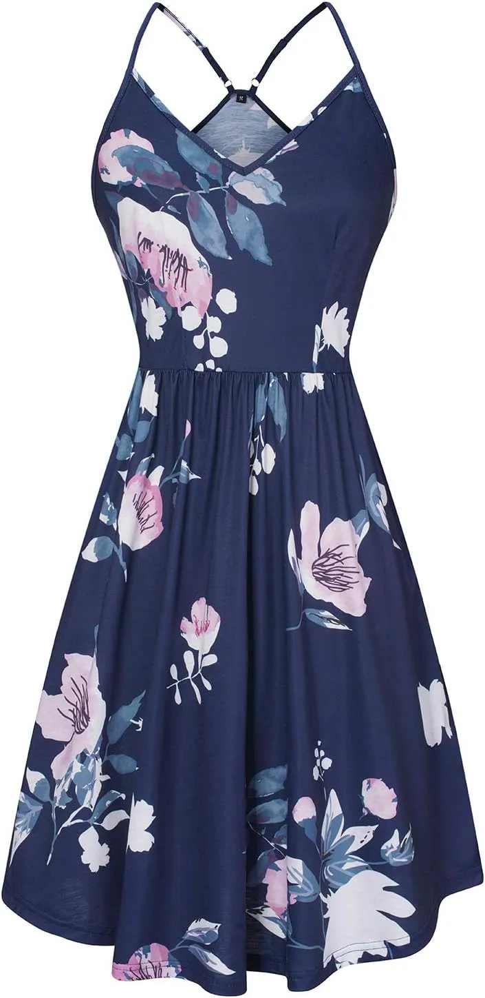 Arach&Cloz Women's V-Neck Spaghetti Strap Sundress Floral Casual Summer Swing Beach Dress with Pockets