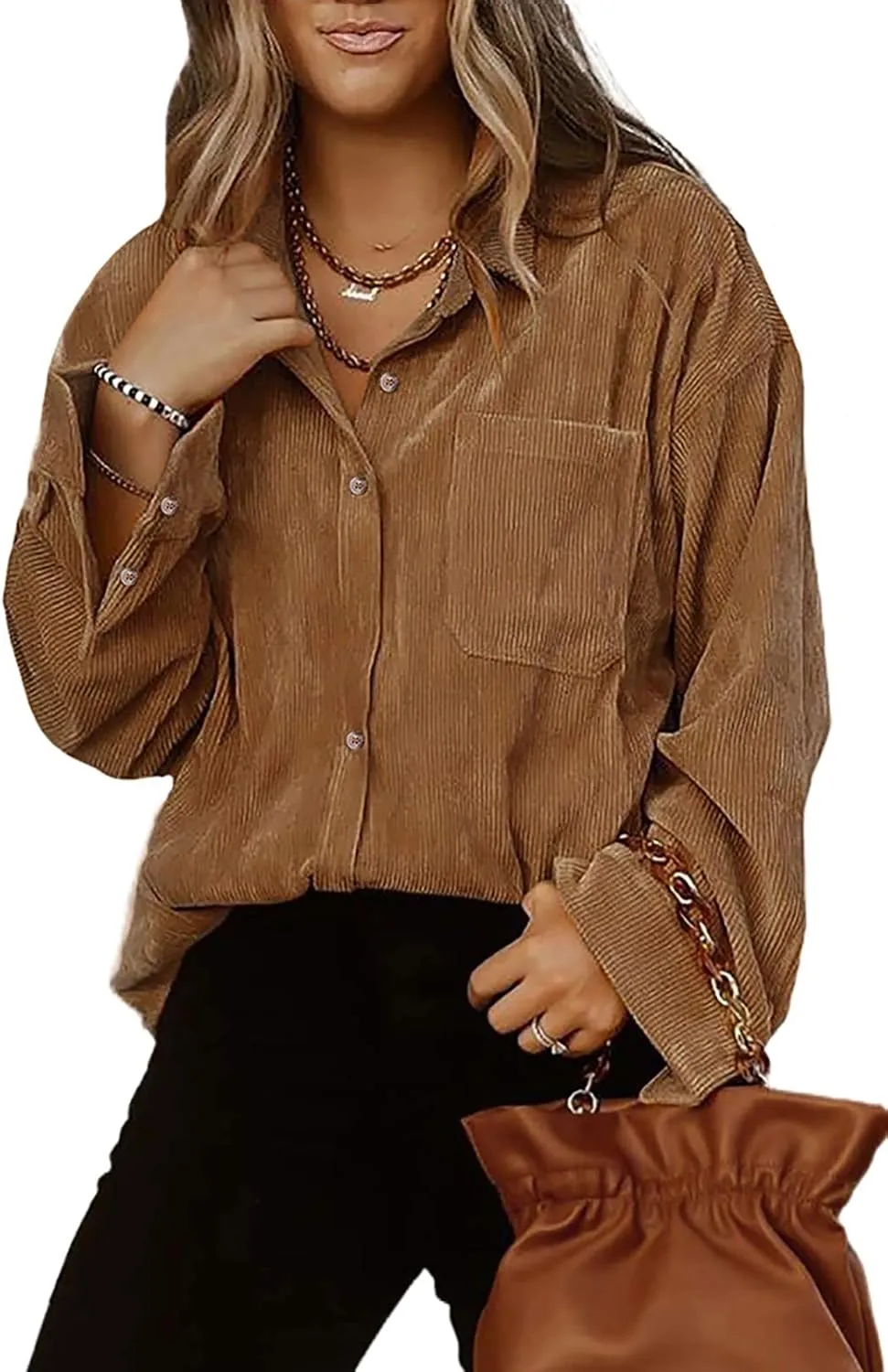 Astylish Women Corduroy Shirts Casual Long Sleeve Button Down Blouses Top