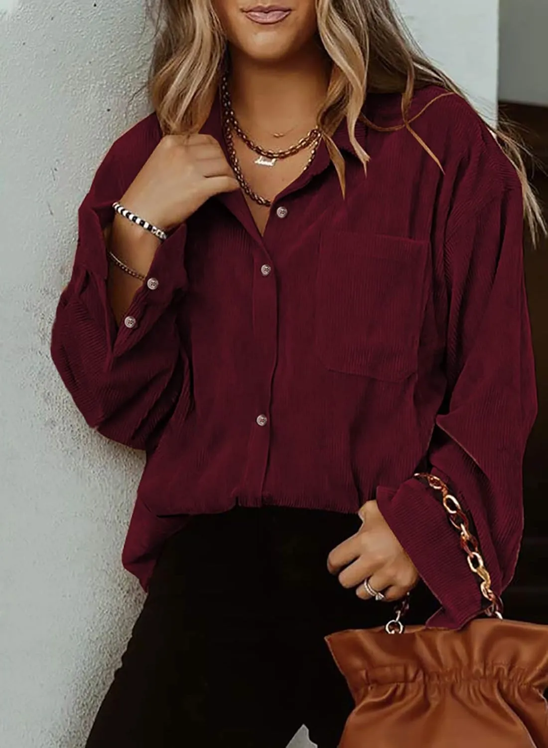 Astylish Women Corduroy Shirts Casual Long Sleeve Button Down Blouses Top
