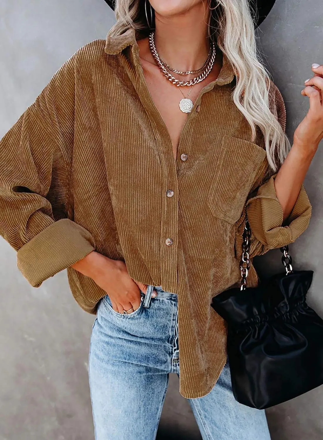 Astylish Women Corduroy Shirts Casual Long Sleeve Button Down Blouses Top