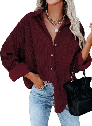 Astylish Women Corduroy Shirts Casual Long Sleeve Button Down Blouses Top