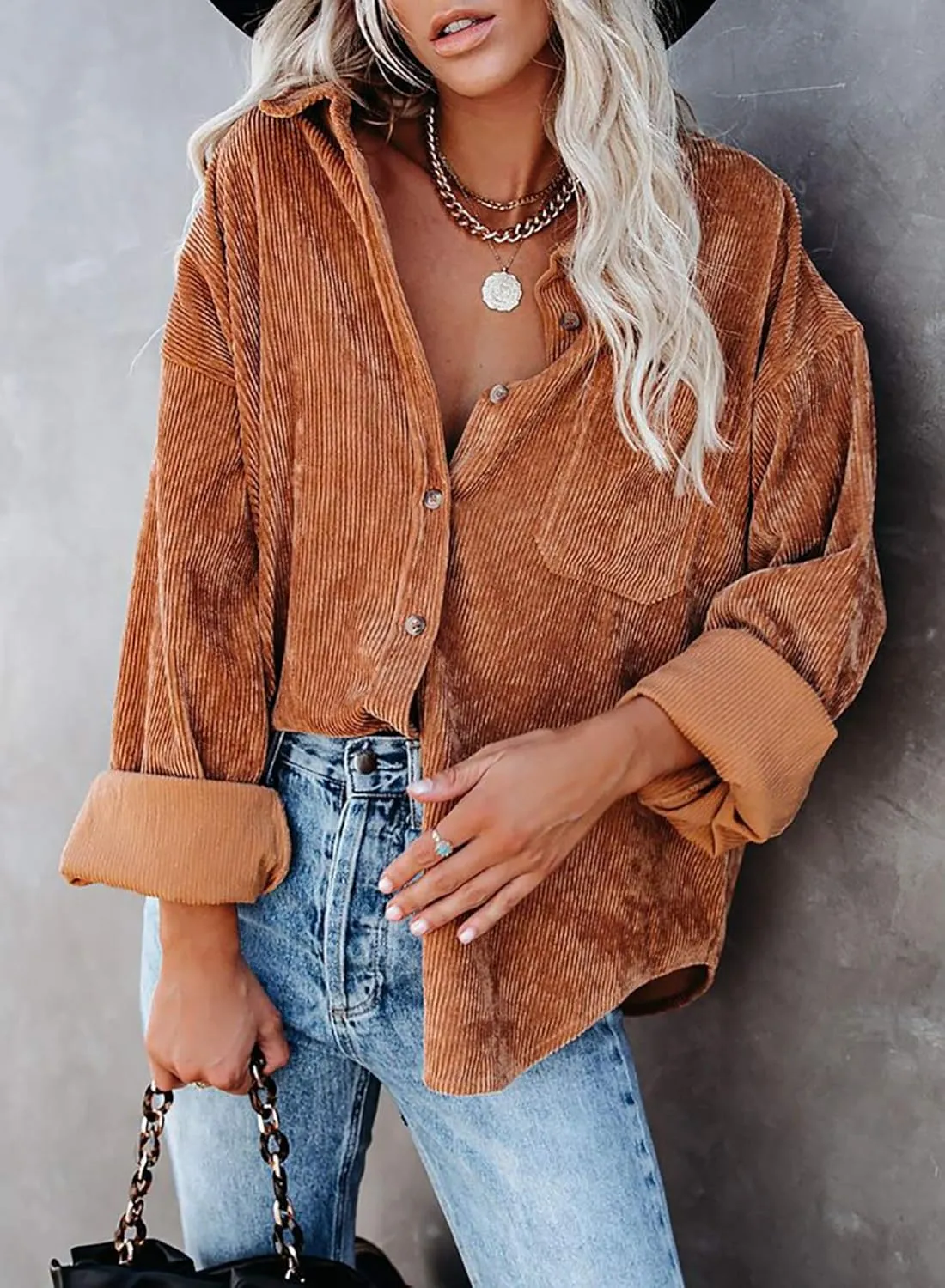 Astylish Women Corduroy Shirts Casual Long Sleeve Button Down Blouses Top