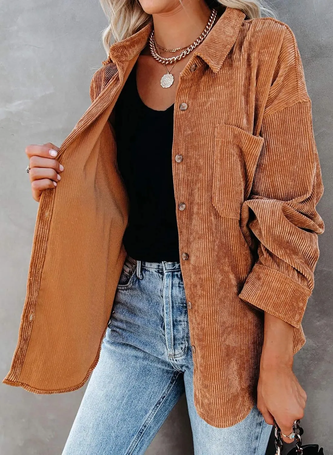 Astylish Women Corduroy Shirts Casual Long Sleeve Button Down Blouses Top