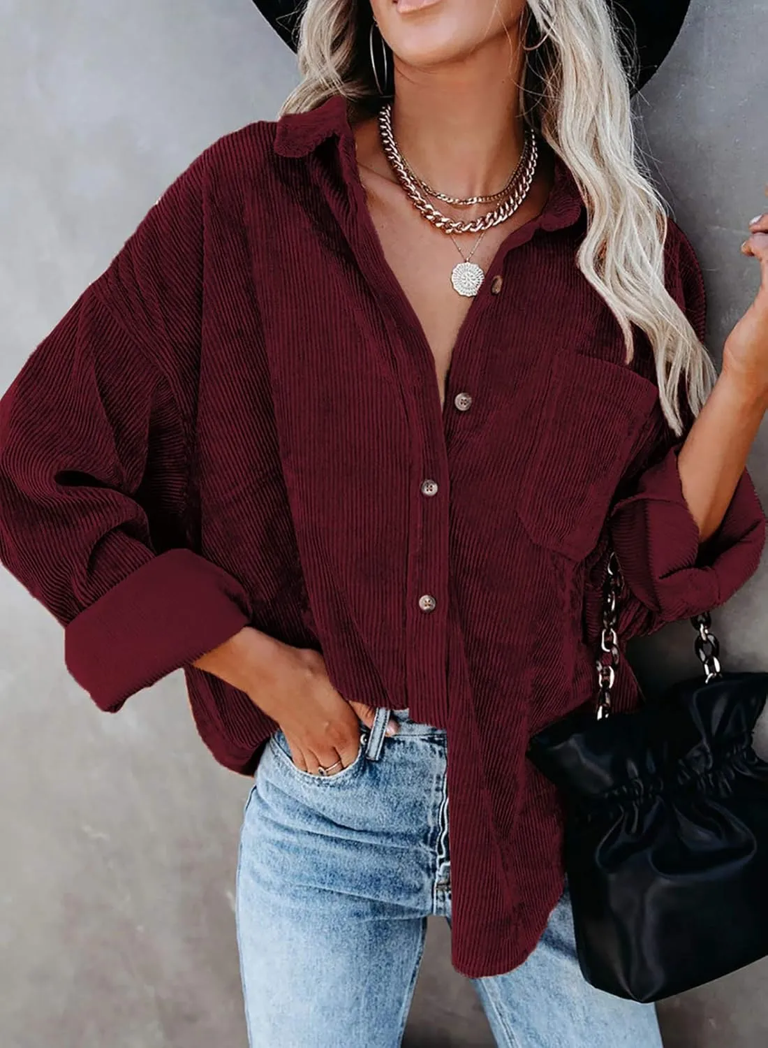 Astylish Women Corduroy Shirts Casual Long Sleeve Button Down Blouses Top