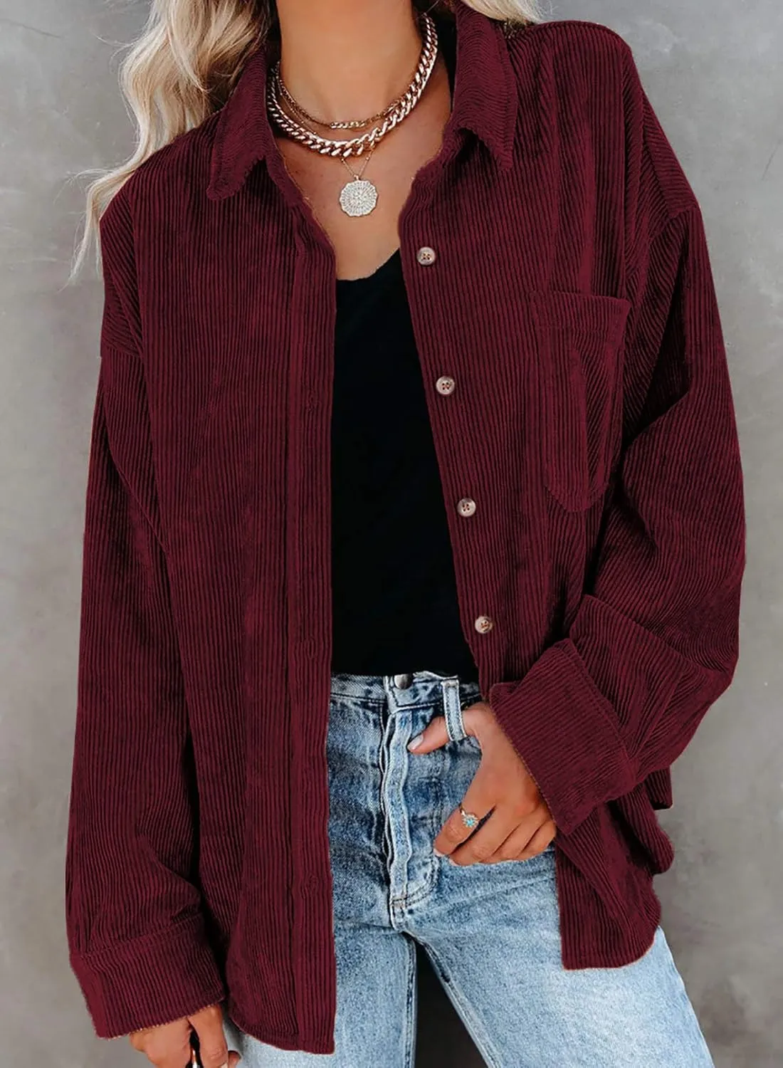 Astylish Women Corduroy Shirts Casual Long Sleeve Button Down Blouses Top