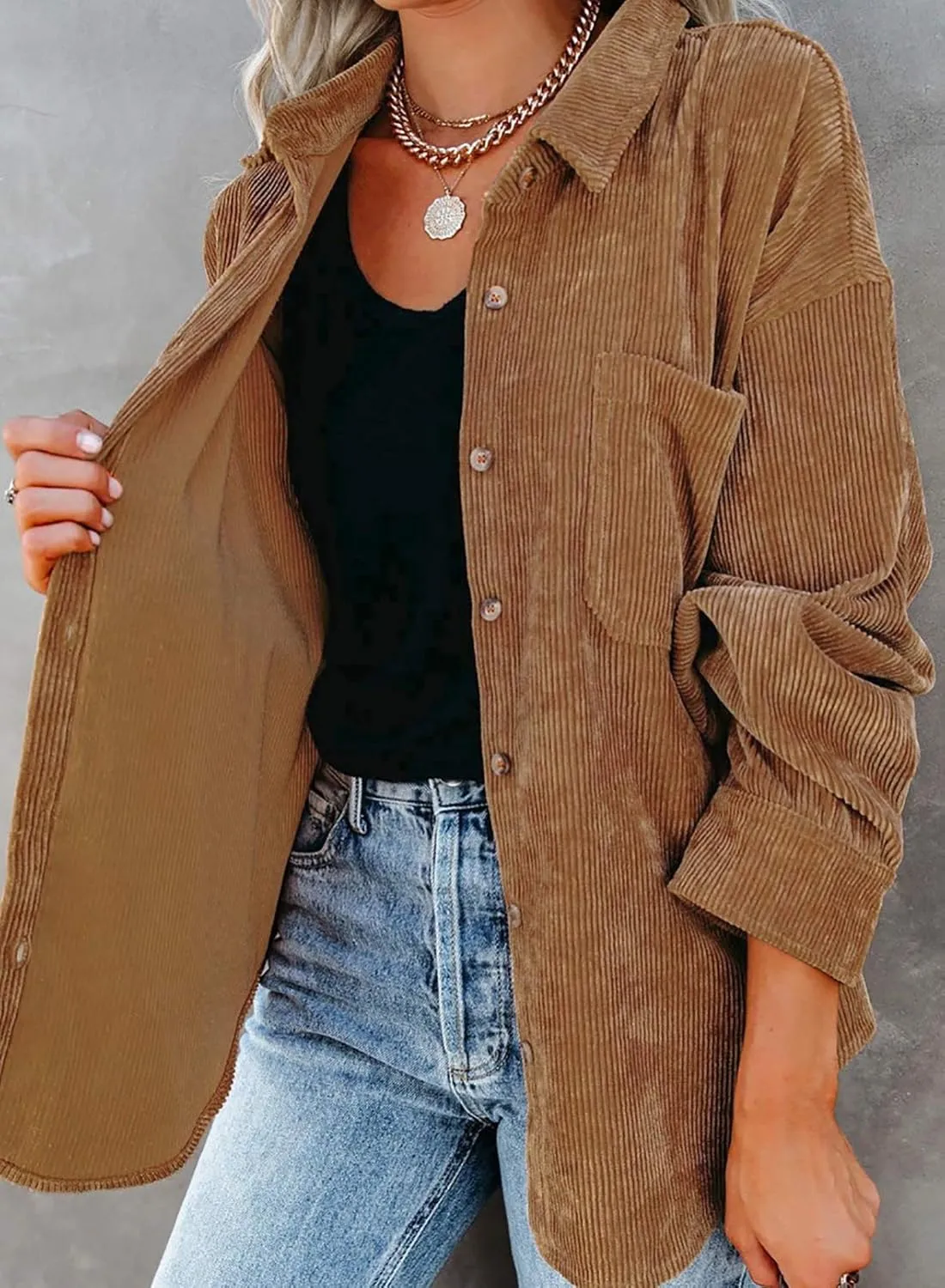 Astylish Women Corduroy Shirts Casual Long Sleeve Button Down Blouses Top