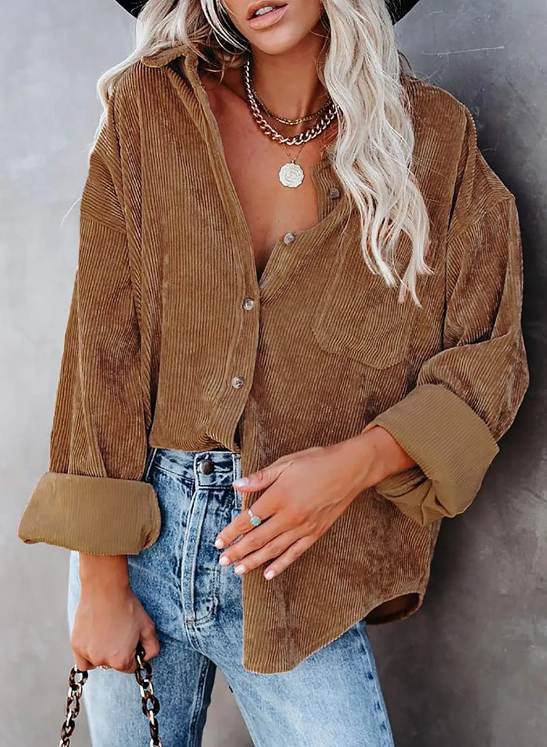 Astylish Women Corduroy Shirts Casual Long Sleeve Button Down Blouses Top