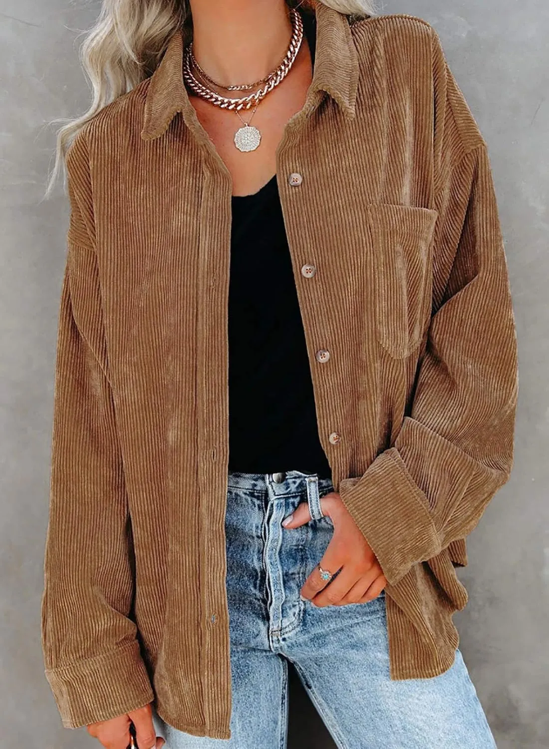 Astylish Women Corduroy Shirts Casual Long Sleeve Button Down Blouses Top