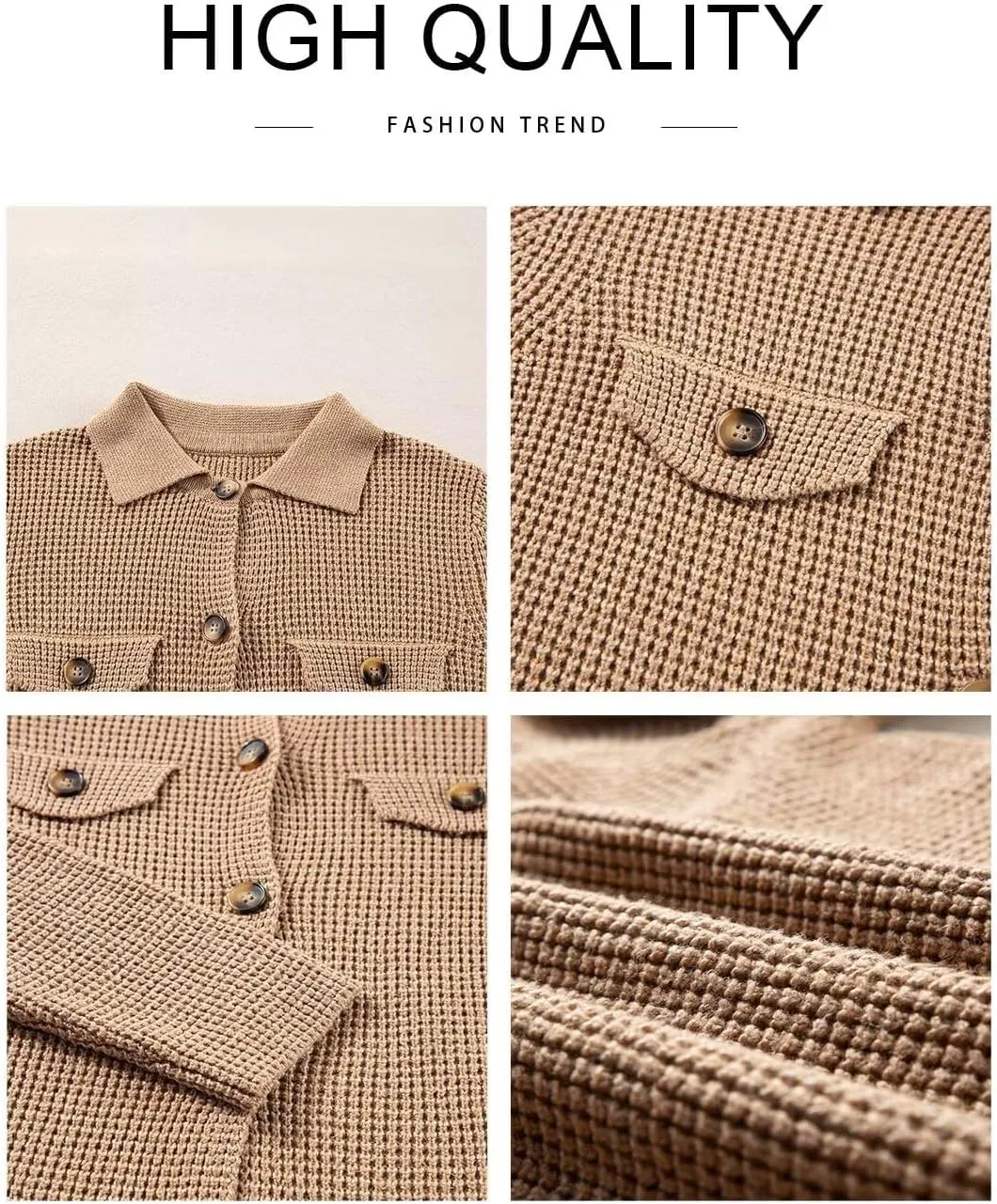 Astylish Women Waffle Knit Shacket Jacket Casual Long Sleeve Sweater Button Down Shirts Dressy Blouse Tops