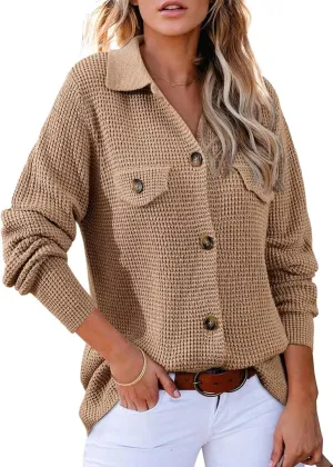 Astylish Women Waffle Knit Shacket Jacket Casual Long Sleeve Sweater Button Down Shirts Dressy Blouse Tops