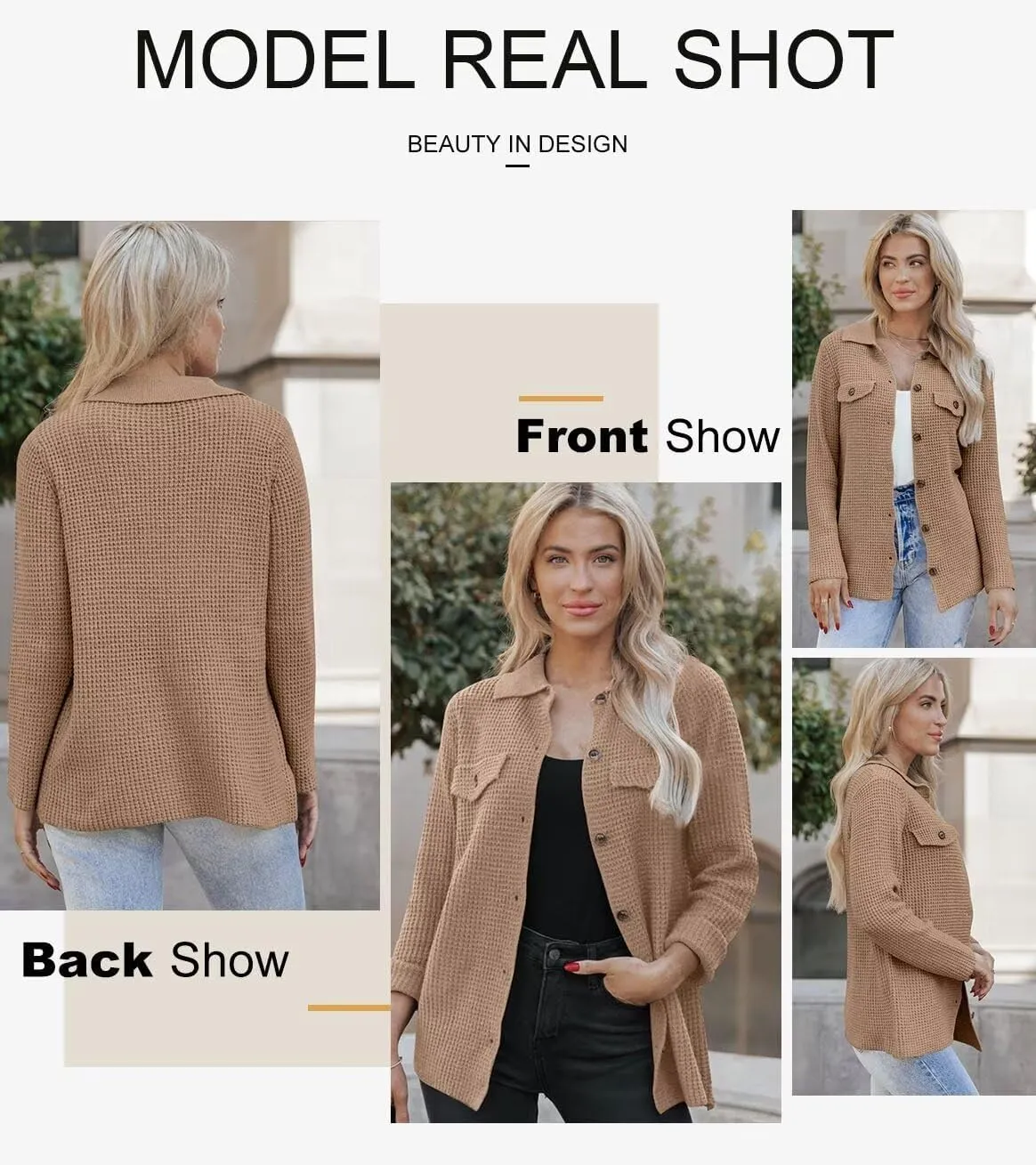 Astylish Women Waffle Knit Shacket Jacket Casual Long Sleeve Sweater Button Down Shirts Dressy Blouse Tops