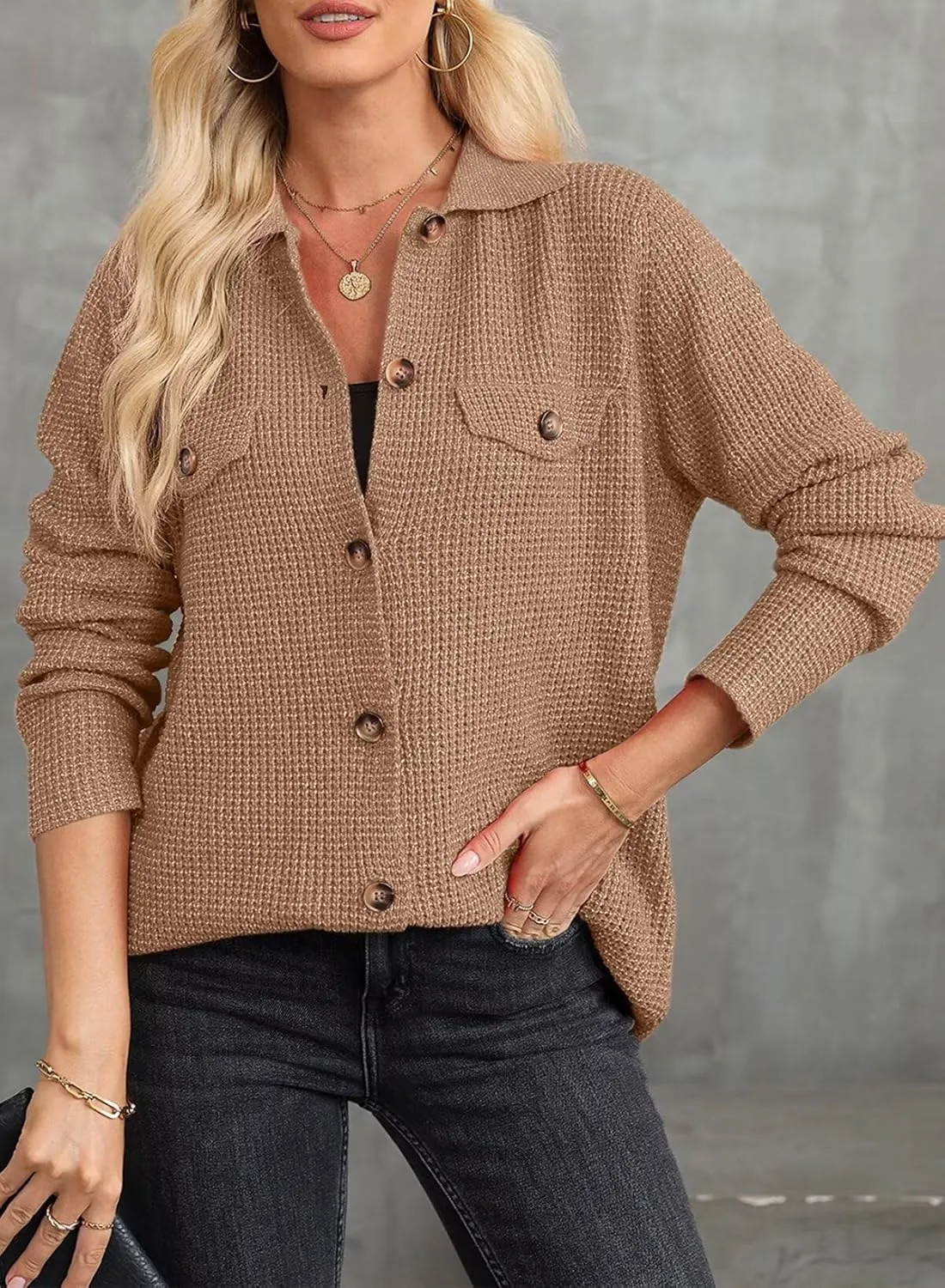 Astylish Women Waffle Knit Shacket Jacket Casual Long Sleeve Sweater Button Down Shirts Dressy Blouse Tops