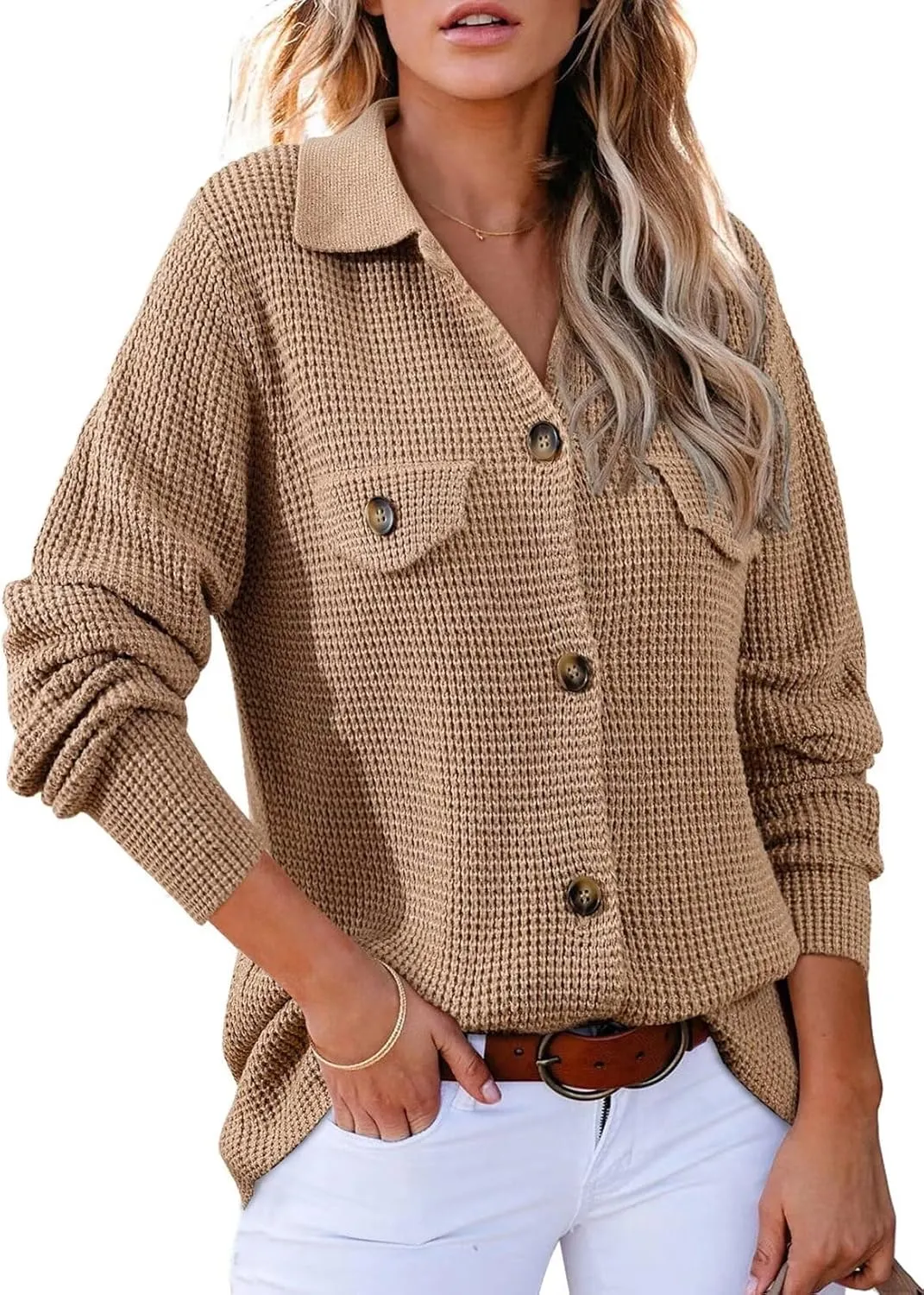 Astylish Women Waffle Knit Shacket Jacket Casual Long Sleeve Sweater Button Down Shirts Dressy Blouse Tops