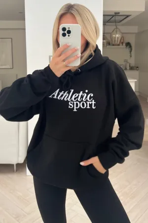 Athletics sport black embroidered drawstring hoodie
