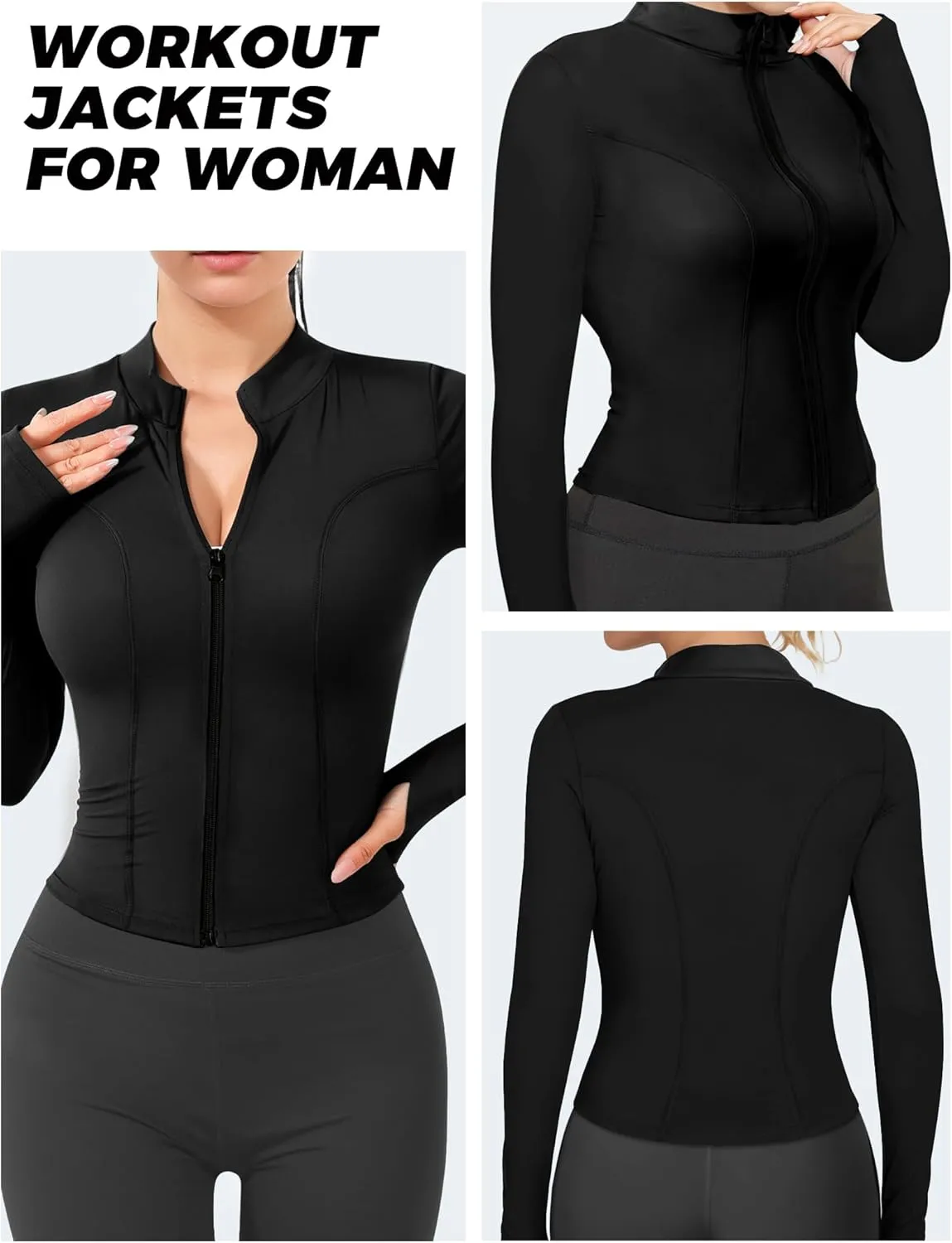 AURUZA Womens Workout Jackets, Lightweight Zip Up Athletic Jacket for Women Cropped Workout Gym Running Tops With Thumb Holes