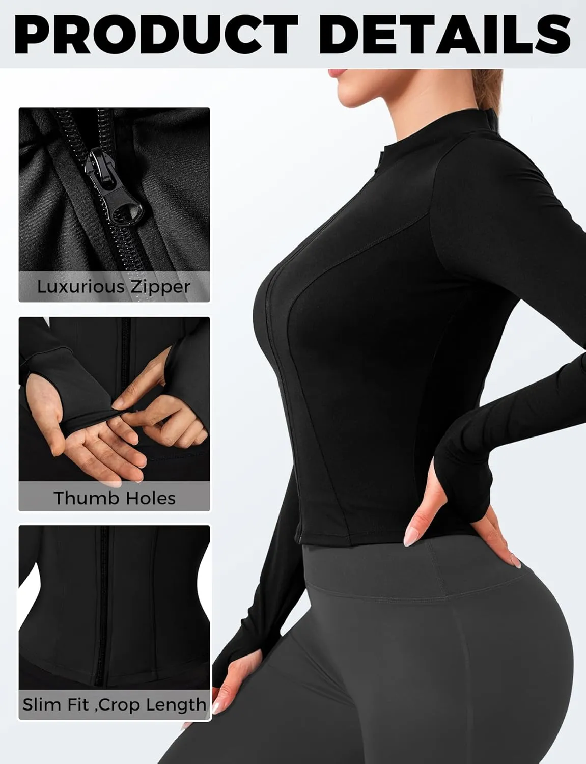 AURUZA Womens Workout Jackets, Lightweight Zip Up Athletic Jacket for Women Cropped Workout Gym Running Tops With Thumb Holes