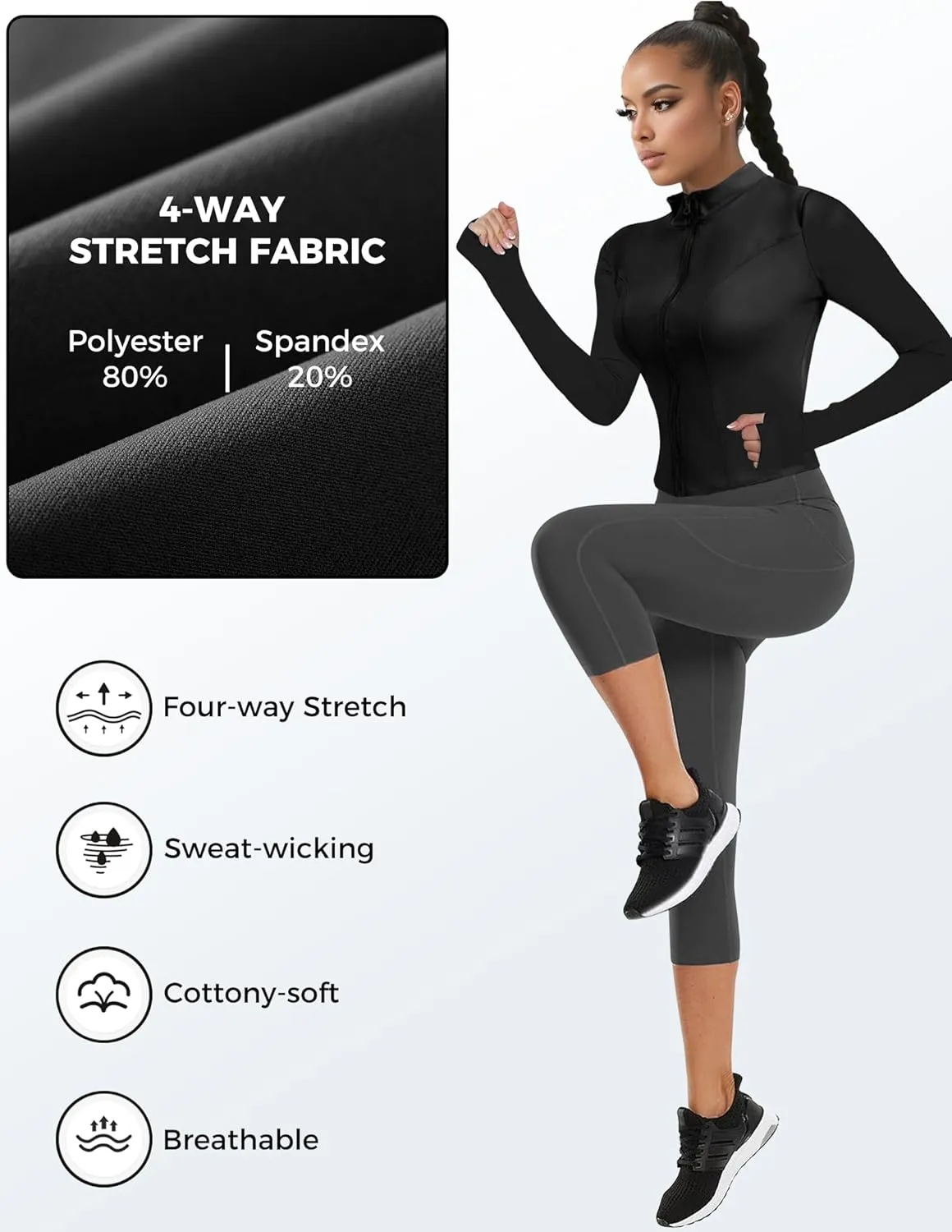 AURUZA Womens Workout Jackets, Lightweight Zip Up Athletic Jacket for Women Cropped Workout Gym Running Tops With Thumb Holes