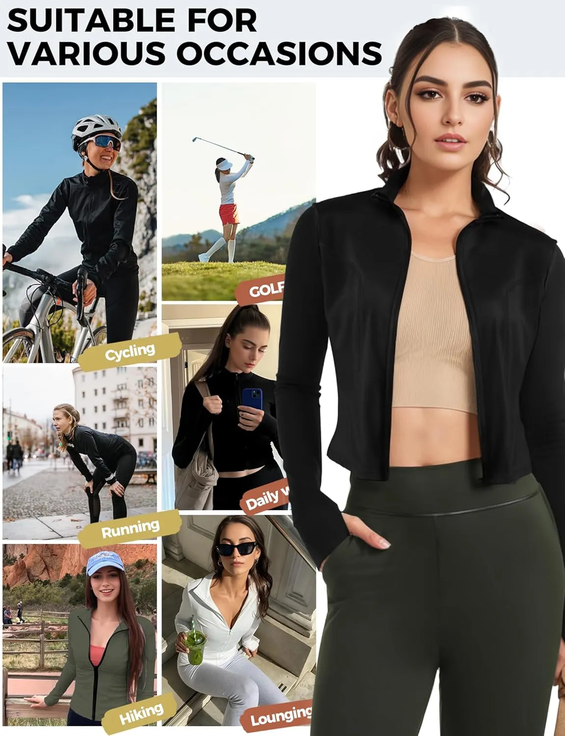 AURUZA Womens Workout Jackets, Lightweight Zip Up Athletic Jacket for Women Cropped Workout Gym Running Tops With Thumb Holes