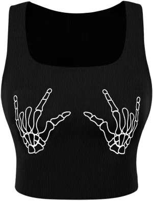 Avanova Women Ribbed Knit Graphic Crop Top Sleeveless Sexy Summer Tank Shirt