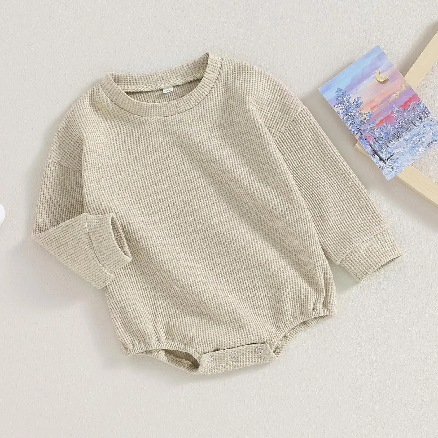 Baby Boy Girl Crewneck Sweatshirt Romper Waffle Knit Long Sleeve Bubble Romper Oversized Sweater Bodysuit Tops
