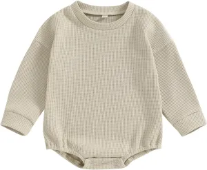 Baby Boy Girl Crewneck Sweatshirt Romper Waffle Knit Long Sleeve Bubble Romper Oversized Sweater Bodysuit Tops