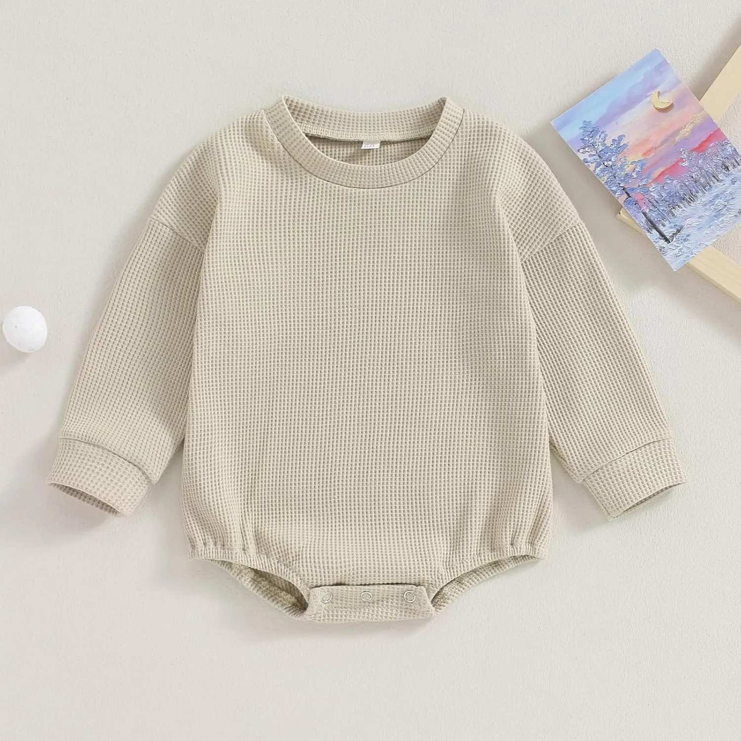 Baby Boy Girl Crewneck Sweatshirt Romper Waffle Knit Long Sleeve Bubble Romper Oversized Sweater Bodysuit Tops