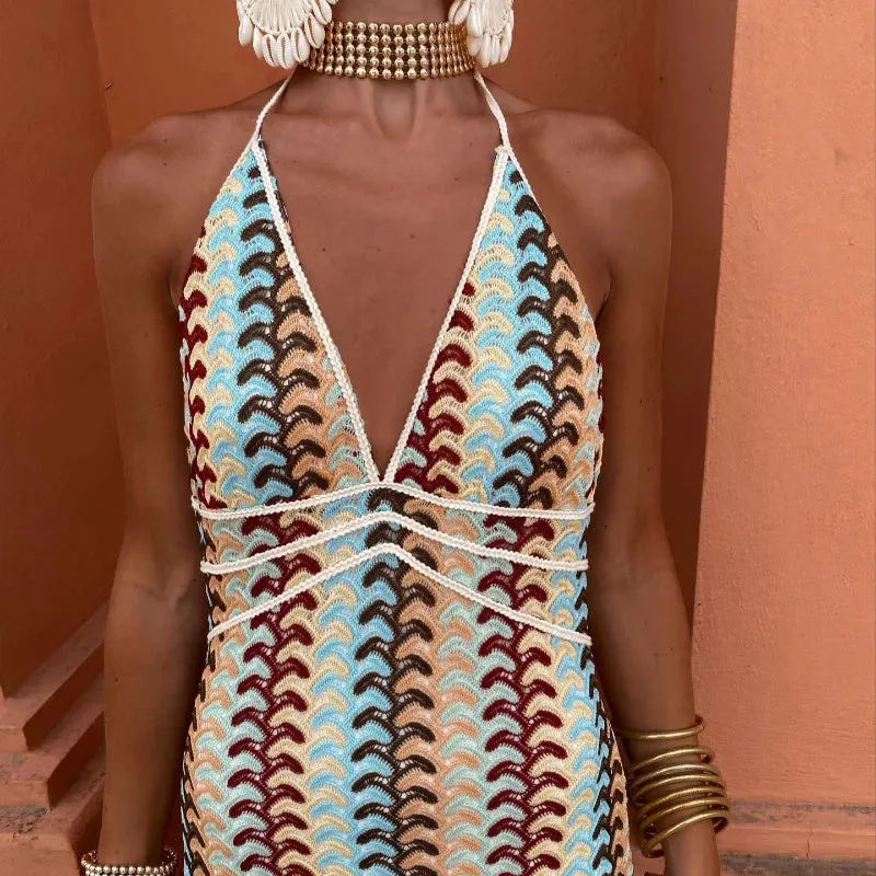 Backless Halter Pattern Maxi Dress