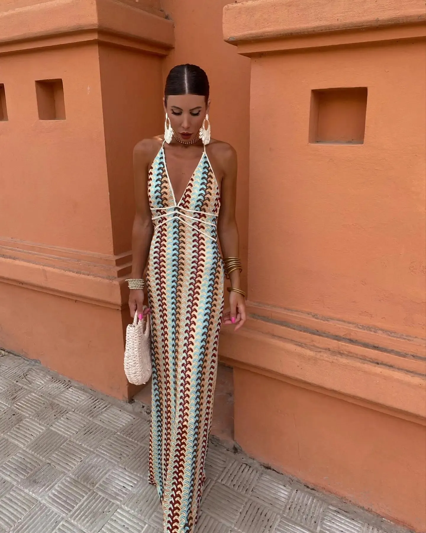 Backless Halter Pattern Maxi Dress