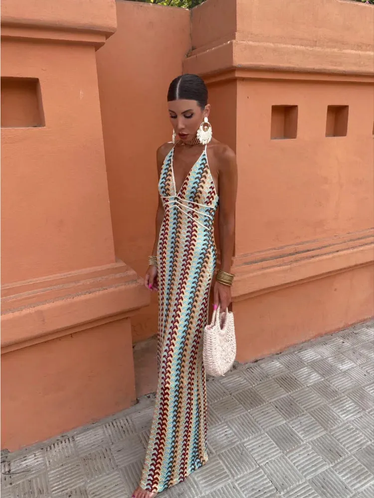 Backless Halter Pattern Maxi Dress