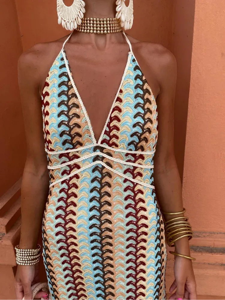 Backless Halter Pattern Maxi Dress