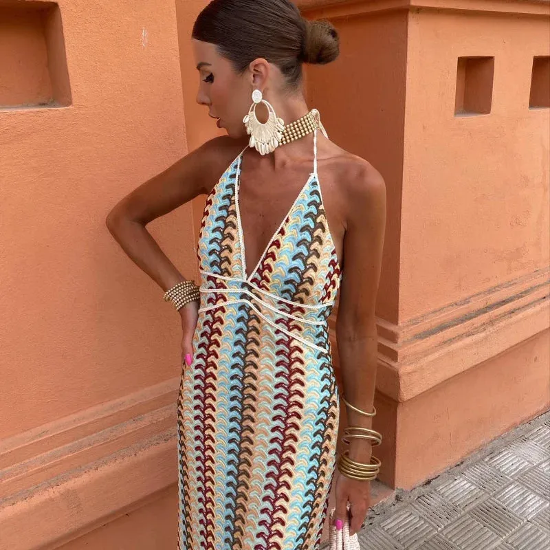 Backless Halter Pattern Maxi Dress