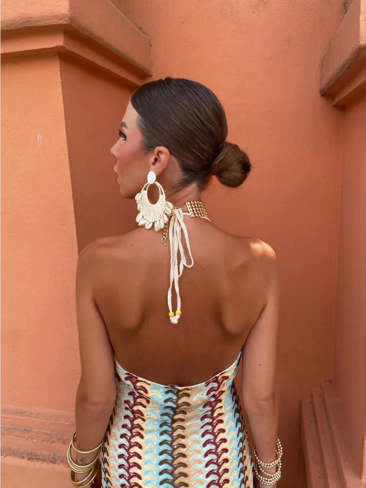 Backless Halter Pattern Maxi Dress