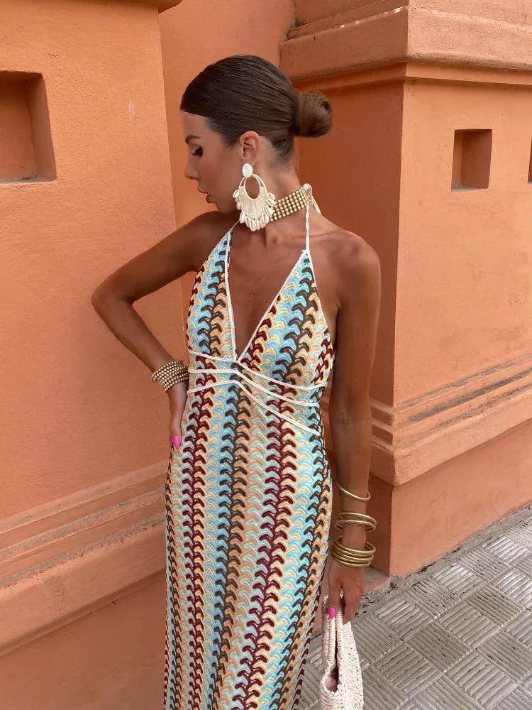 Backless Halter Pattern Maxi Dress