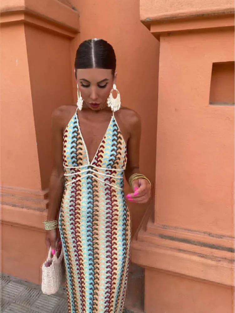 Backless Halter Pattern Maxi Dress