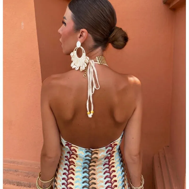 Backless Halter Pattern Maxi Dress