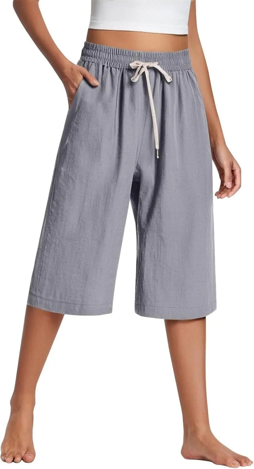Baggy Linen Pants Women Plus Size High Waisted Wide Leg Lounge Pants with Pockets Cotton Vacation Beach Pants Capris