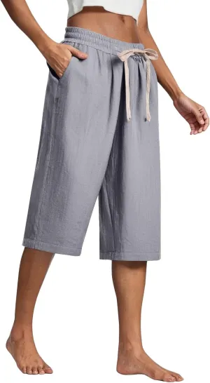 Baggy Linen Pants Women Plus Size High Waisted Wide Leg Lounge Pants with Pockets Cotton Vacation Beach Pants Capris