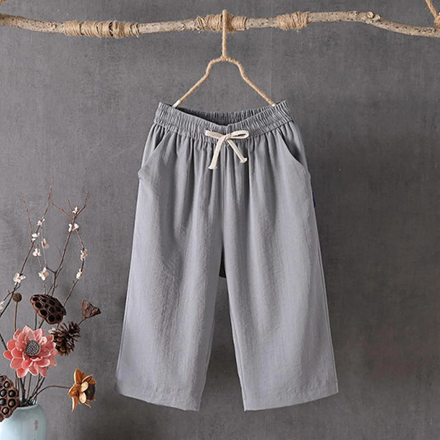 Baggy Linen Pants Women Plus Size High Waisted Wide Leg Lounge Pants with Pockets Cotton Vacation Beach Pants Capris
