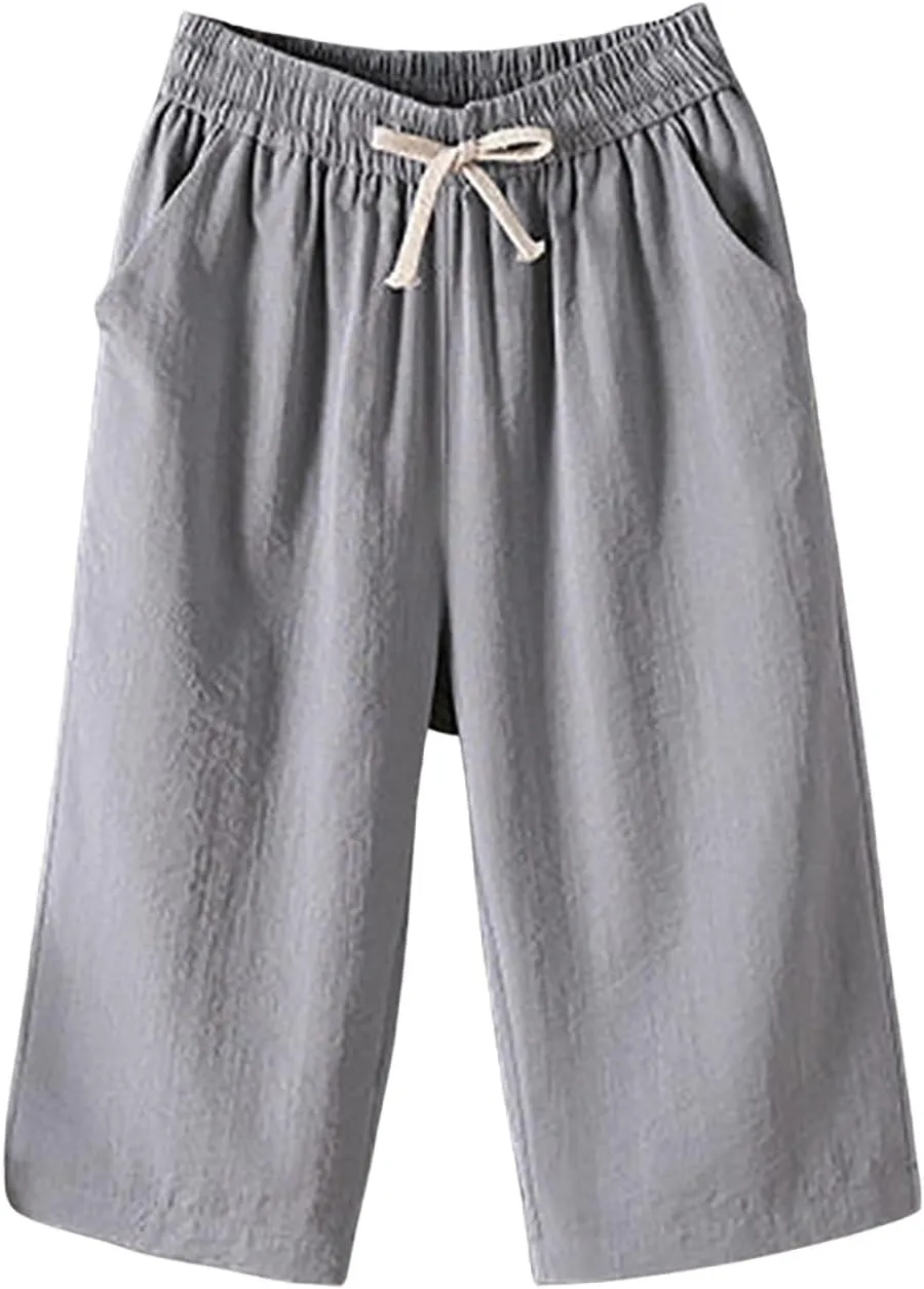 Baggy Linen Pants Women Plus Size High Waisted Wide Leg Lounge Pants with Pockets Cotton Vacation Beach Pants Capris