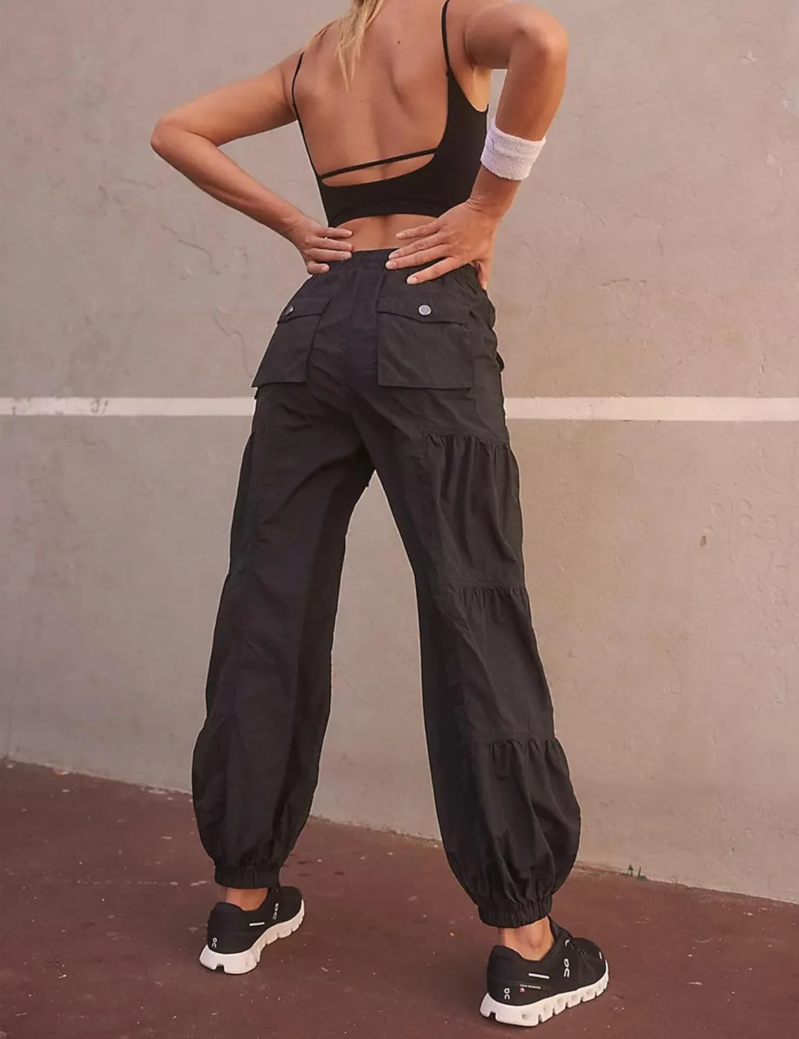 Bankeng Parachute Pants for Women Cargo Pants with Pockets Elastic Waist Drawstring Baggy Hiking Pants